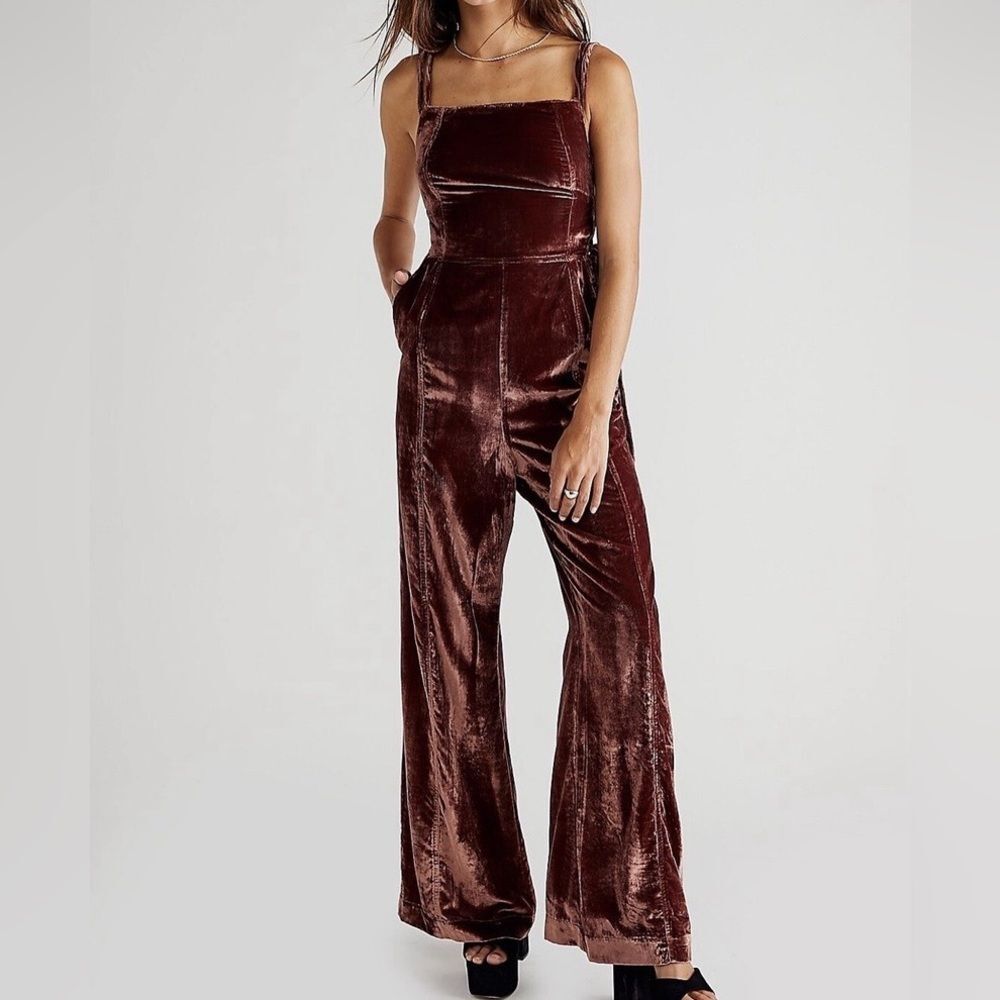Free People Garnet 90's Forever Velvet Strappy Lace Up Boho Overalls Size Small